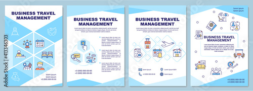 Business travel management brochure template. Reduce costs of travel. Flyer, booklet, leaflet print, cover design with linear icons. Vector layouts for magazines, annual reports, advertising posters