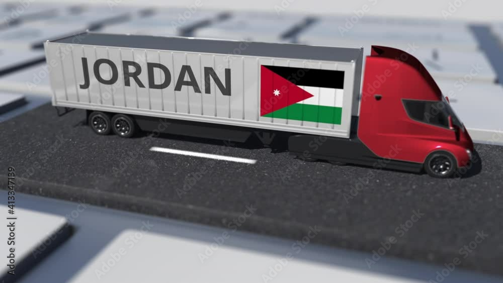 Flag of Jordan on moving truck and computer keyboard. International shipping related looping 3d animation Flag of Jordan on moving truck and computer keyboard. International shipping related looping 3d animation