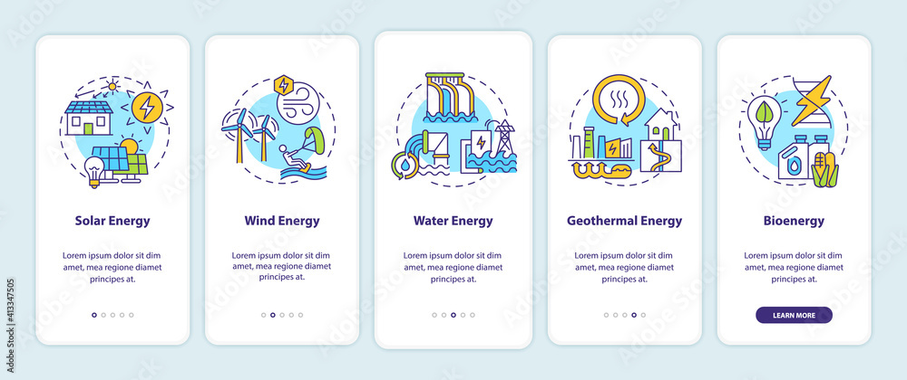 Emissions of carbon onboarding mobile app page screen with concepts. Clean energy types walkthrough 5 steps graphic instructions. Emerging technologies. UI vector template with RGB color illustrations