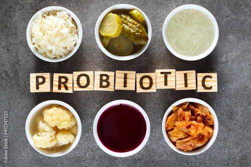 Natural probiotics for healthy bowel. Probiotic as sauerkraut, pickled cauliflower, pickled cucumber, sauerkraut juice, kimchi, beetroot leaven. photo