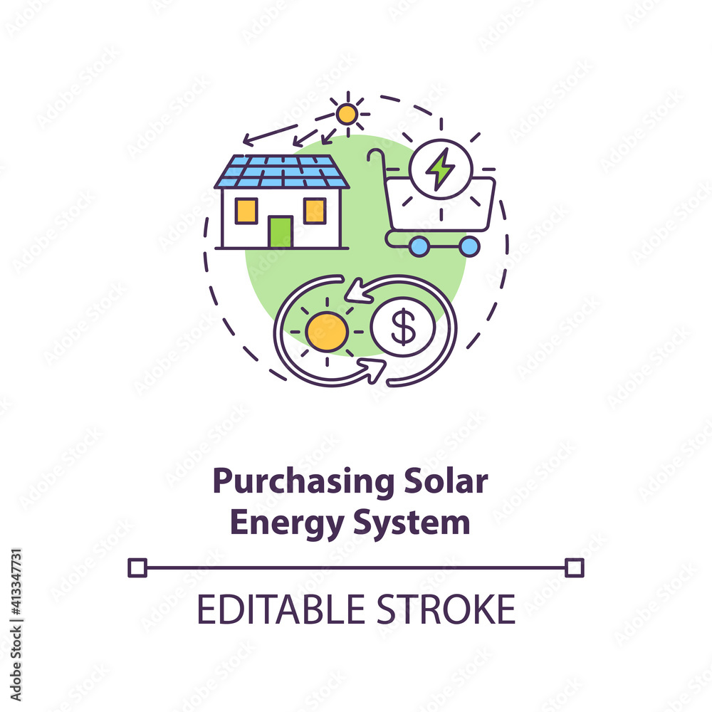 Purchasing solar energy system concept icon. Practical use of solar panels idea thin line illustration. No electricity needs. Vector isolated outline RGB color drawing. Editable stroke