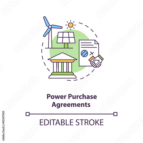 Power purchase agreements concept icon. Arrangement for design, permitting, financing, and installation idea thin line illustration. Vector isolated outline RGB color drawing. Editable stroke