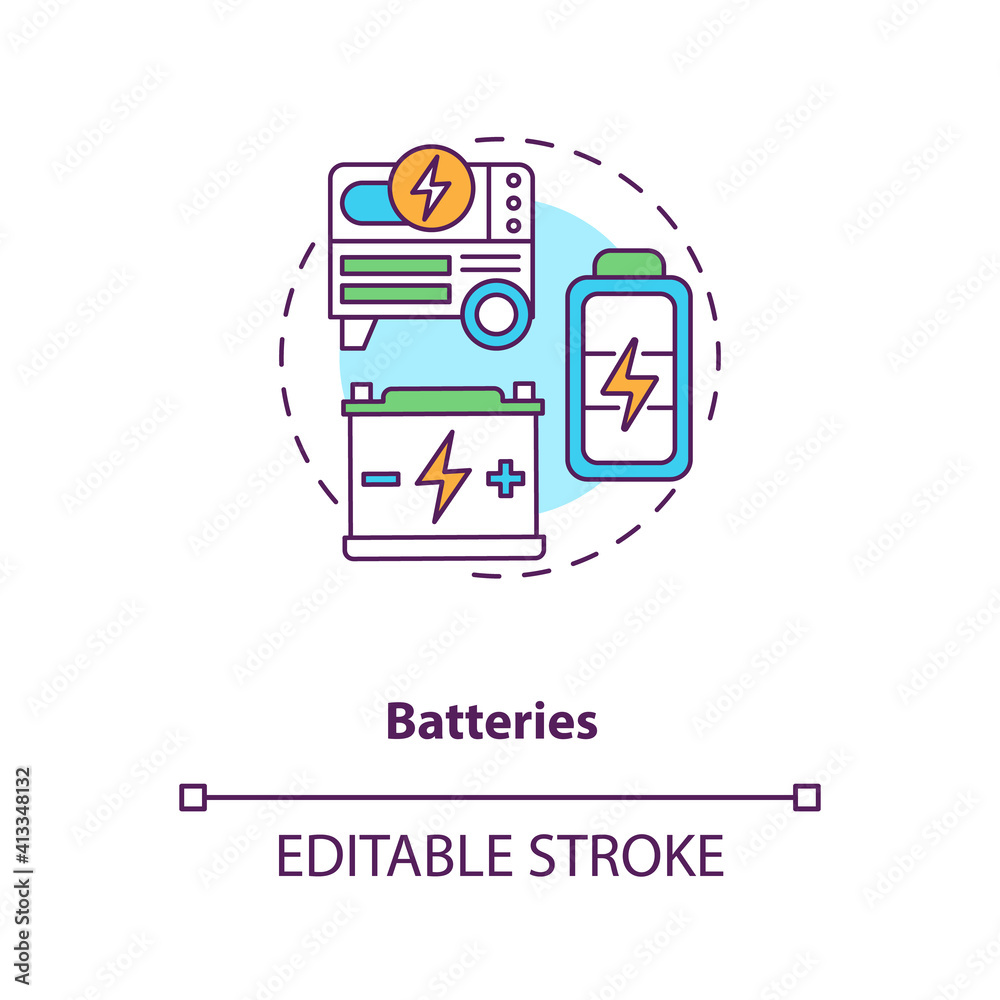 Batteries concept icon. Storing energy on large scale for distribution idea thin line illustration. Battery installations at wind farms. Vector isolated outline RGB color drawing. Editable stroke