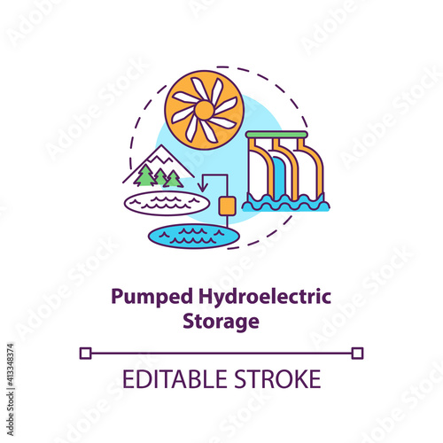 Pumped hydroelectric storage concept icon. Storing energy of grid at transmission stage idea thin line illustration. Water-power plant. Vector isolated outline RGB color drawing. Editable stroke