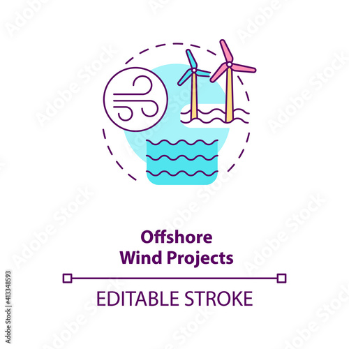 Offshore wind projects concept icon. Meet of humanity energy demand idea thin line illustration. Pick of wind energy to generate electricity. Vector isolated outline RGB color drawing. Editable stroke