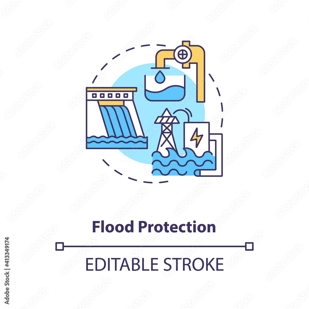 Flood protection concept icon. Dams provide flood control and capturing floodwaters idea thin line illustration. Case of pumped storage. Vector isolated outline RGB color drawing. Editable stroke Flood protection concept icon. Dams provide flood control and capturing floodwaters idea thin line illustration. Case of pumped storage. Vector isolated outline RGB color drawing. Editable stroke