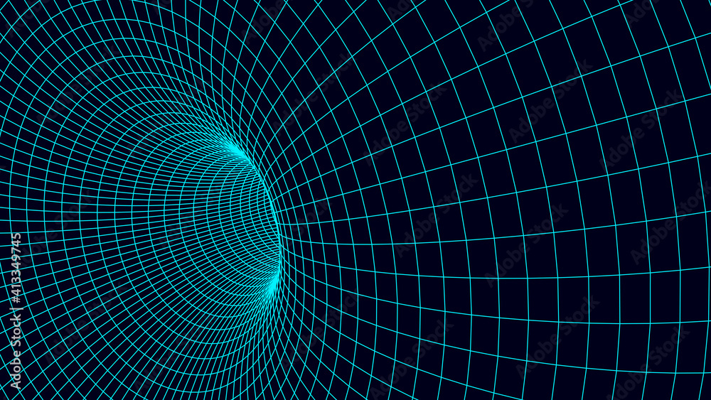 Naklejka premium Wireframe abstract tunnel. Abstract science of wormholes. 3D tunnel mesh. Mesh texture