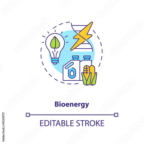 Bioenergy concept icon. Generate electricity with steam turbine idea thin line illustration. Biomass renewable energy source. Vector isolated outline RGB color drawing. Editable stroke