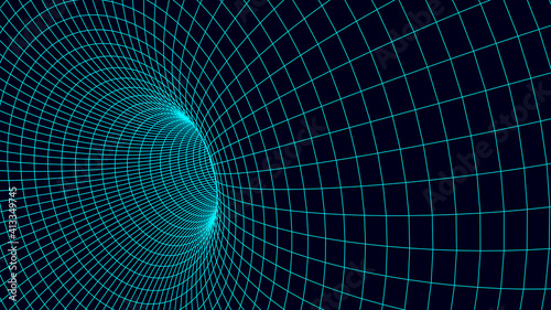 Wireframe abstract tunnel. Abstract science of wormholes. 3D tunnel mesh. Mesh texture