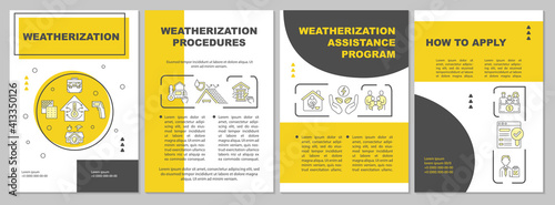 Weatherization brochure template. Aplying instructions. . Procedures. Flyer, booklet, leaflet print, cover design with linear icons. Vector layouts for magazines, annual reports, advertising posters photo