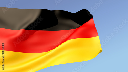 3D illustration. The large flag of Germany unfolds in the wind against blue sky background with gradient.