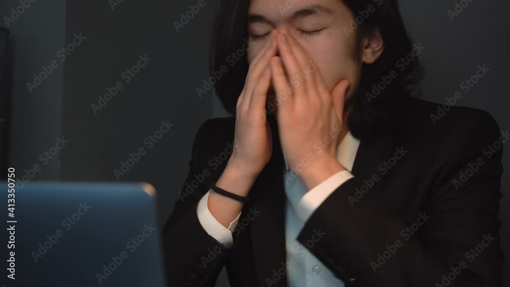 Tiered Handsome Asian Man Typing on Keyboard Taking Off his Glasses Thinking How to Manage With Task Tiered Handsome Asian Man Typing on Keyboard Taking Off his Glasses Thinking How to Manage With Task
