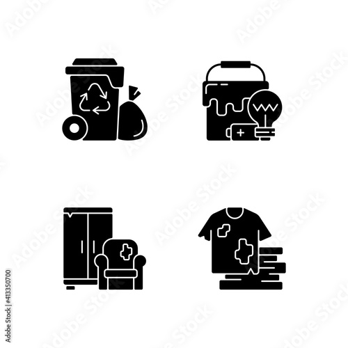 Garbage disposal black glyph icons set on white space. Residential waste collection. Solid materials. Bulky refuse. Fashion, textile industry refuse. Silhouette symbols. Vector isolated illustration