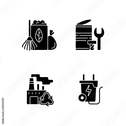 Environmental concern black glyph icons set on white space. Yard waste collection. Scrap iron and aluminum components. Recovery and reprocessing. Silhouette symbols. Vector isolated illustration