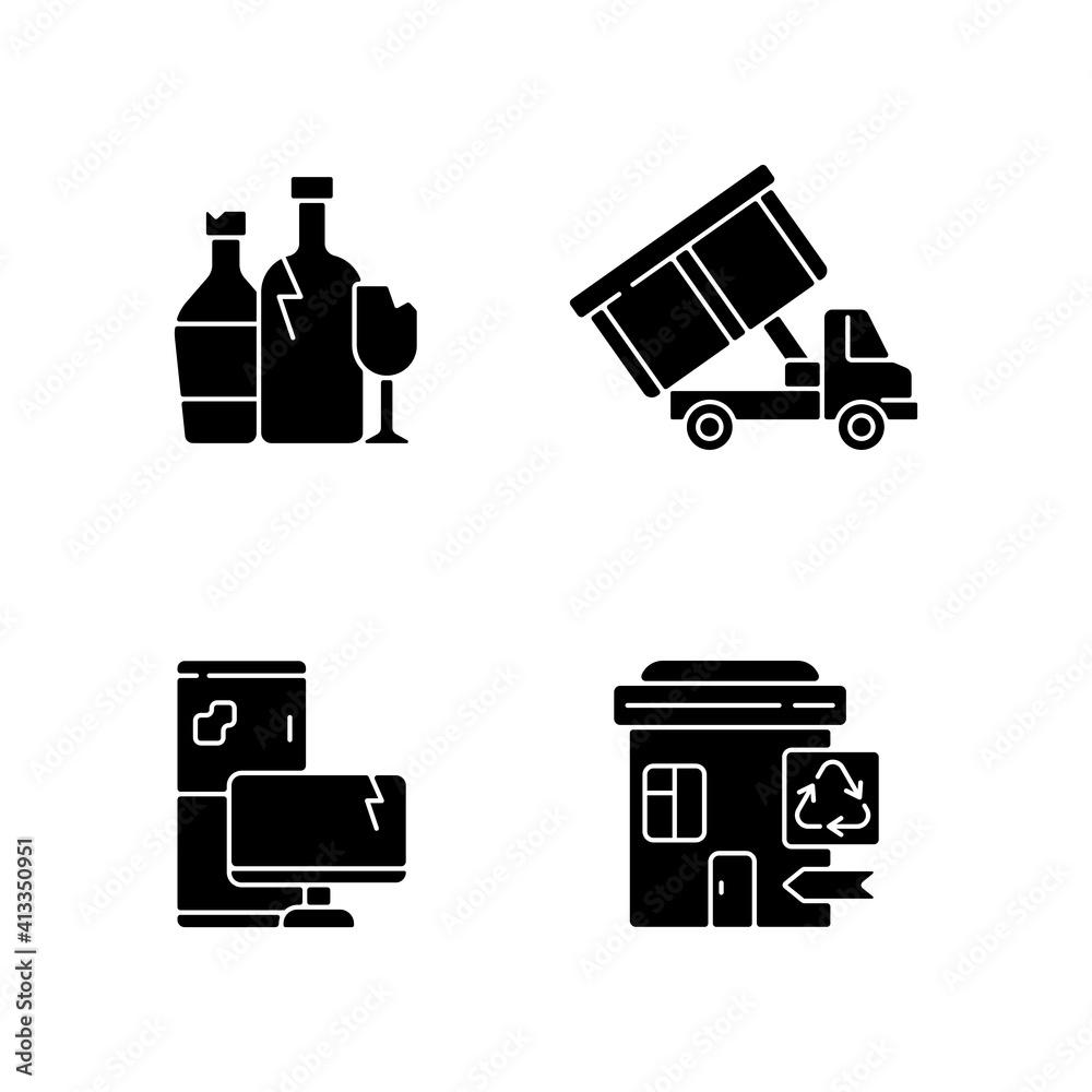 Garbage management black glyph icons set on white space. Glass ...
