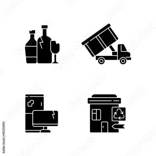 Garbage management black glyph icons set on white space. Glass recycling. Roll-off truck. Discarded electronic devices. Recycling collection center. Silhouette symbols. Vector isolated illustration
