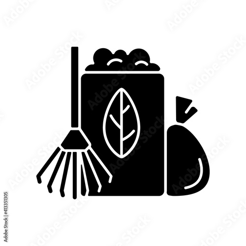 Yard waste collection black glyph icon. Organic waste from residential lawns and gardens. Grass clippings, leaves, branches. Silhouette symbol on white space. Vector isolated illustration