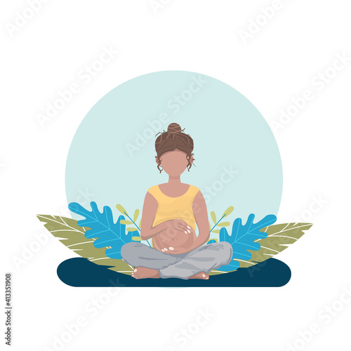 A pregnant young woman in a Yoga pose with green leaves on the background. A banner  poster for Medical  Pregnancy projects. A flat illustration. 