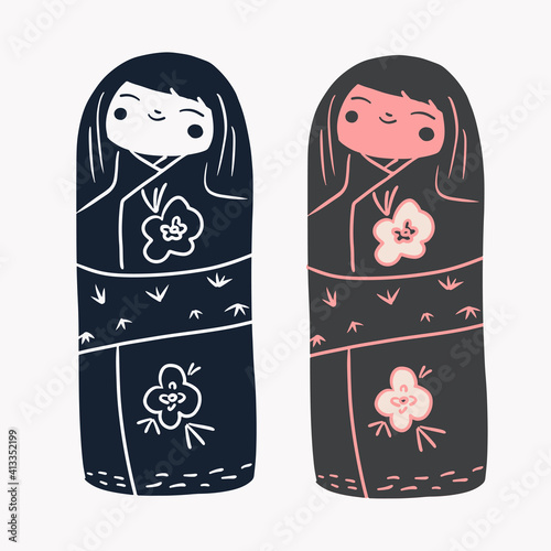 Japan wood dolls Kokeshi vector illustration linocut