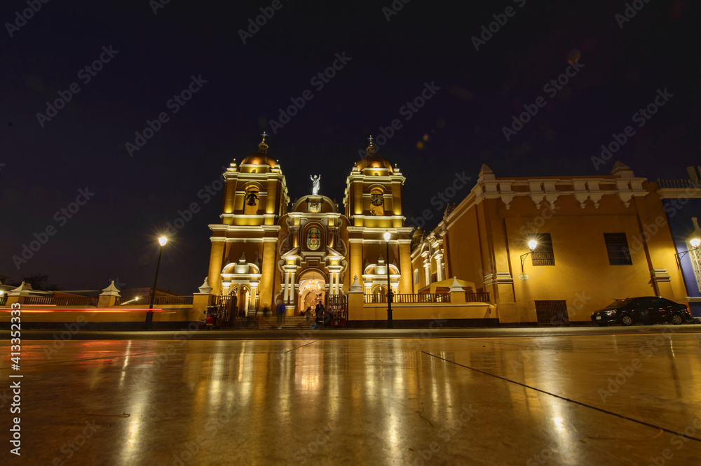 Night shot of Trujillo Cathedral in the Plaza de Armas, Trujillo, Peru