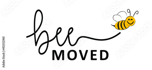Slogan Bee moved. We have moved, changed address. Map location pointer. We've Moved! Moving office or new home sign. Flat vector message 