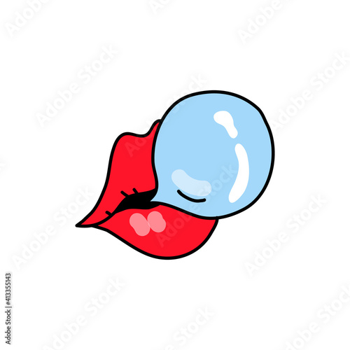 A woman's mouth with red lipstick inflates a bubble of chewing gum. Feminism movement and sisterhood concept. Doodle style. Vector illustration on isolated background.
