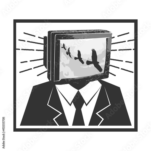 Man with television head in tv addiction concept