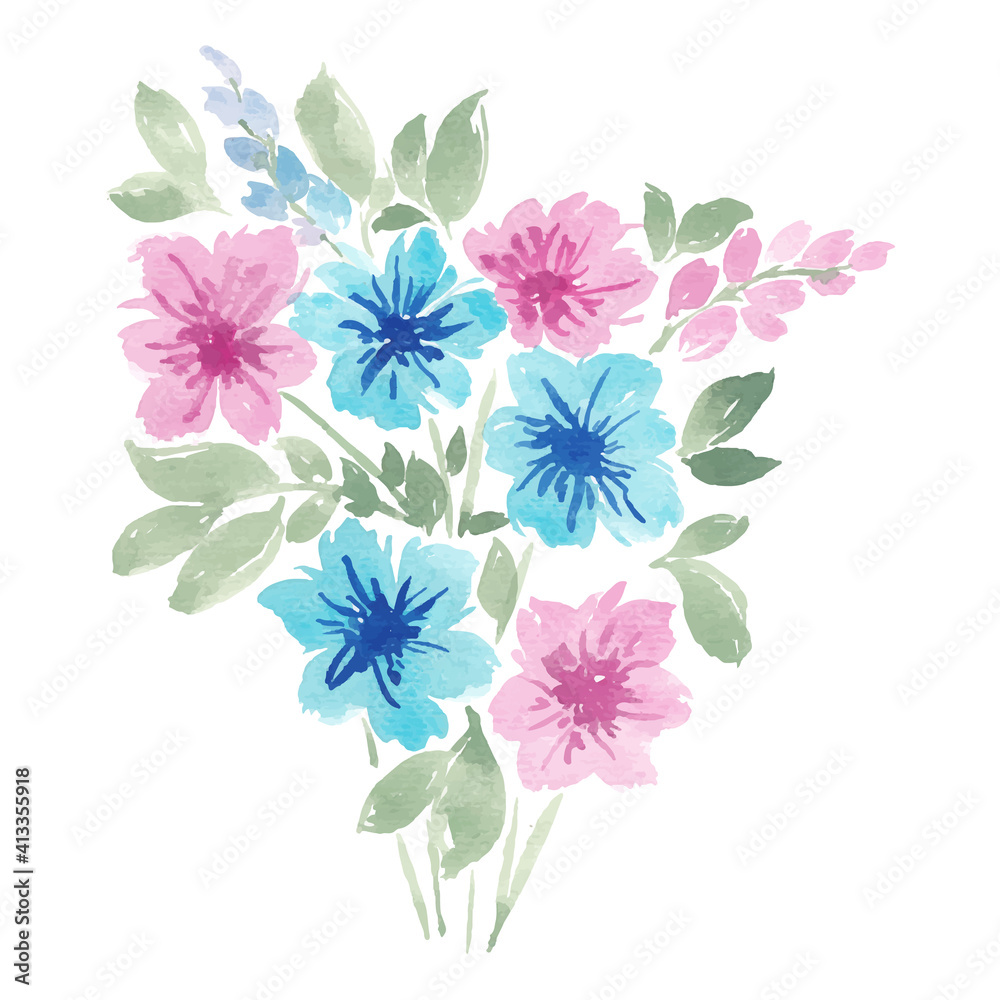 pink and blue bouquet of watercolor flowers with white isolated background. hand drawing illustration perfectly for greeting and invitation card. 