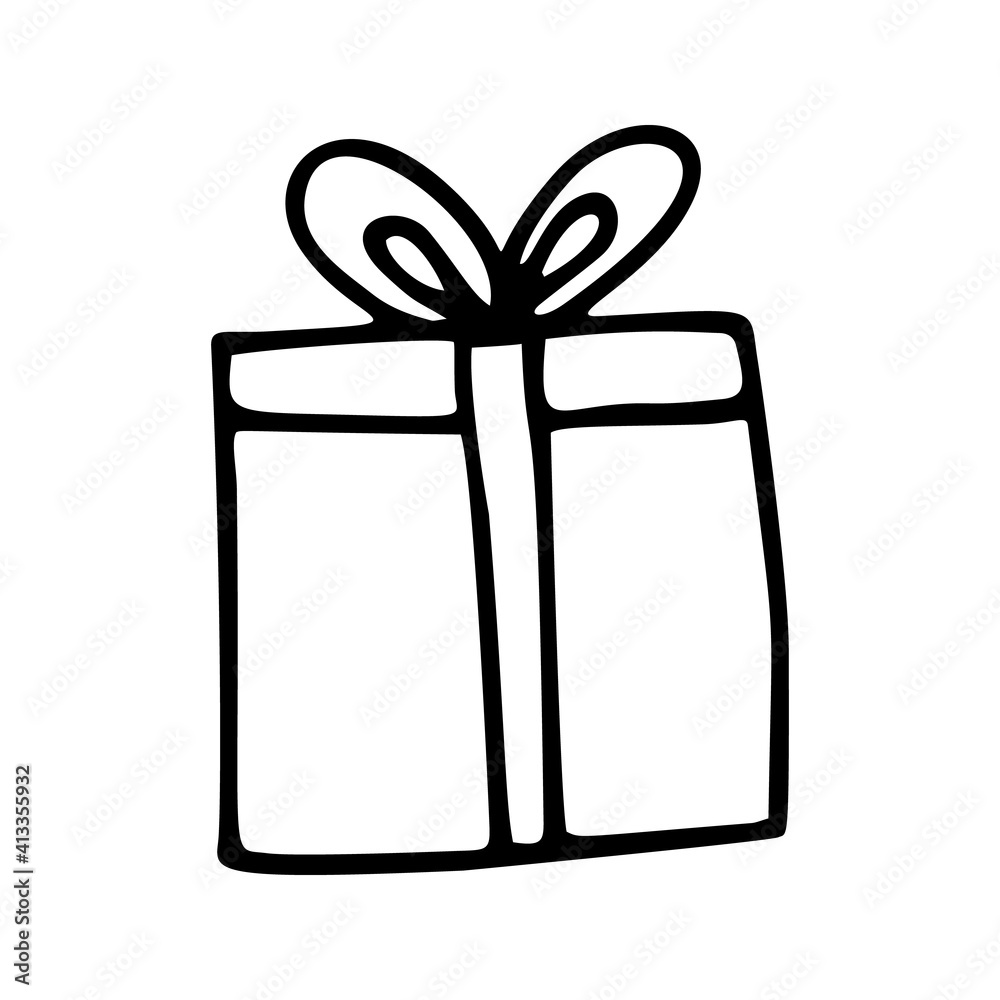 Cute doodle present, gift box. Hand drawn vector illustration. Element for greeting cards, posters, stickers and seasonal design. Isolated on white background Cute doodle present, gift box. Hand drawn vector illustration. Element for greeting cards, posters, stickers and seasonal design. Isolated on white background