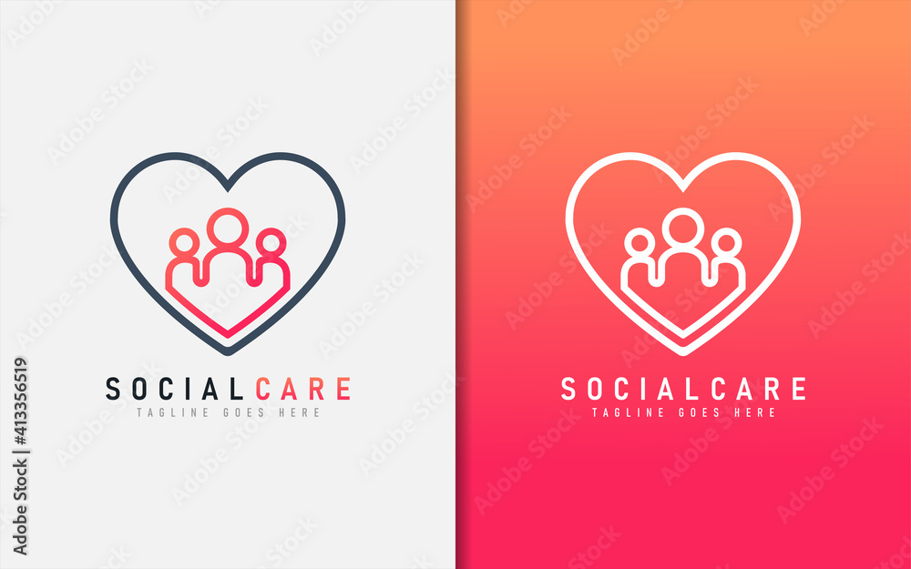 Social Care Logo Design. Simple Minimalism People Symbol Protected by a Hearth Symbol.