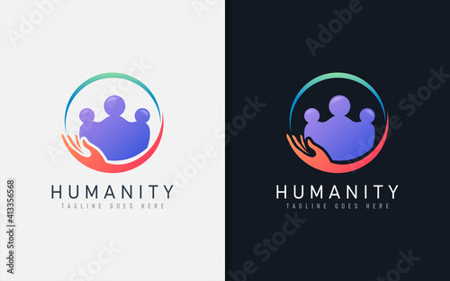 Humanity Logo Design. People Group in Circle Shape Combination with Holding Hand. Vector Logo Illustration.