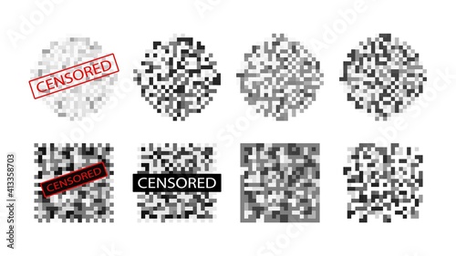 Censored content in pixels icon. Unwanted viewing with tag censorship painted over scenes cruelty and violence detrimental to vector psyche.