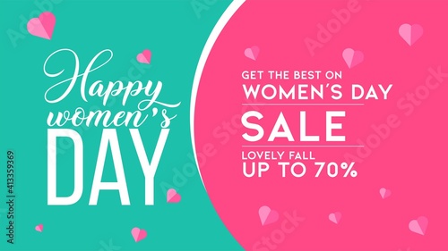 Women's day sale poster or banner for Mother's day holiday shop seasonal discount offer. Vector International Women's Day on 8 March design template of pink hearts pattern on green and pink background