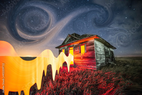 Vang Gogh style long exposure, light painting photography with an abandoned building