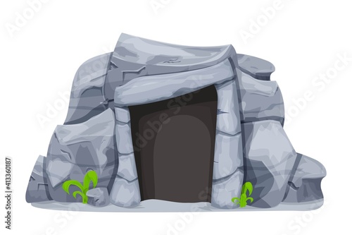 Stone age cave from rocks in cartoon style isolated on white background. Prehistoric, ancient object of evolution, caveman home, outdoor. Detailed drawing with cracked elements, ui game assets.