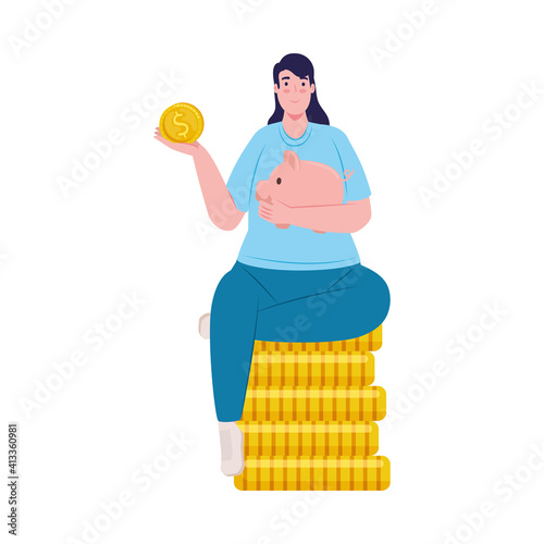 saver female lifting piggy savings seated in coins vector illustration design