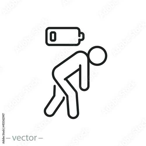 tired person icon, fatigue or exhausted, lack battery energy, low charge, burnout workplace, stress, thin line symbol on white background - editable stroke vector illustration