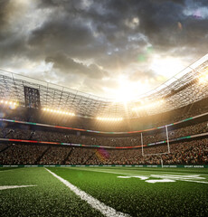 Empty American football soccer stadium in sunlight