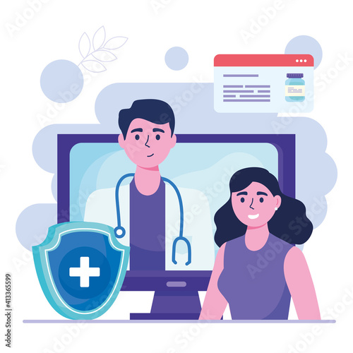 doctor in desktop with shield and woman vector illustration design