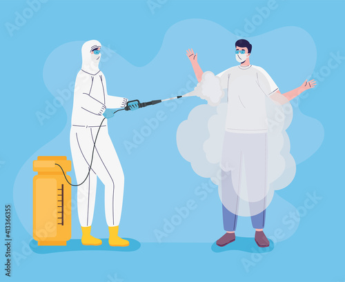 worker wearing bio safety suit disinfecting person vector illustration design