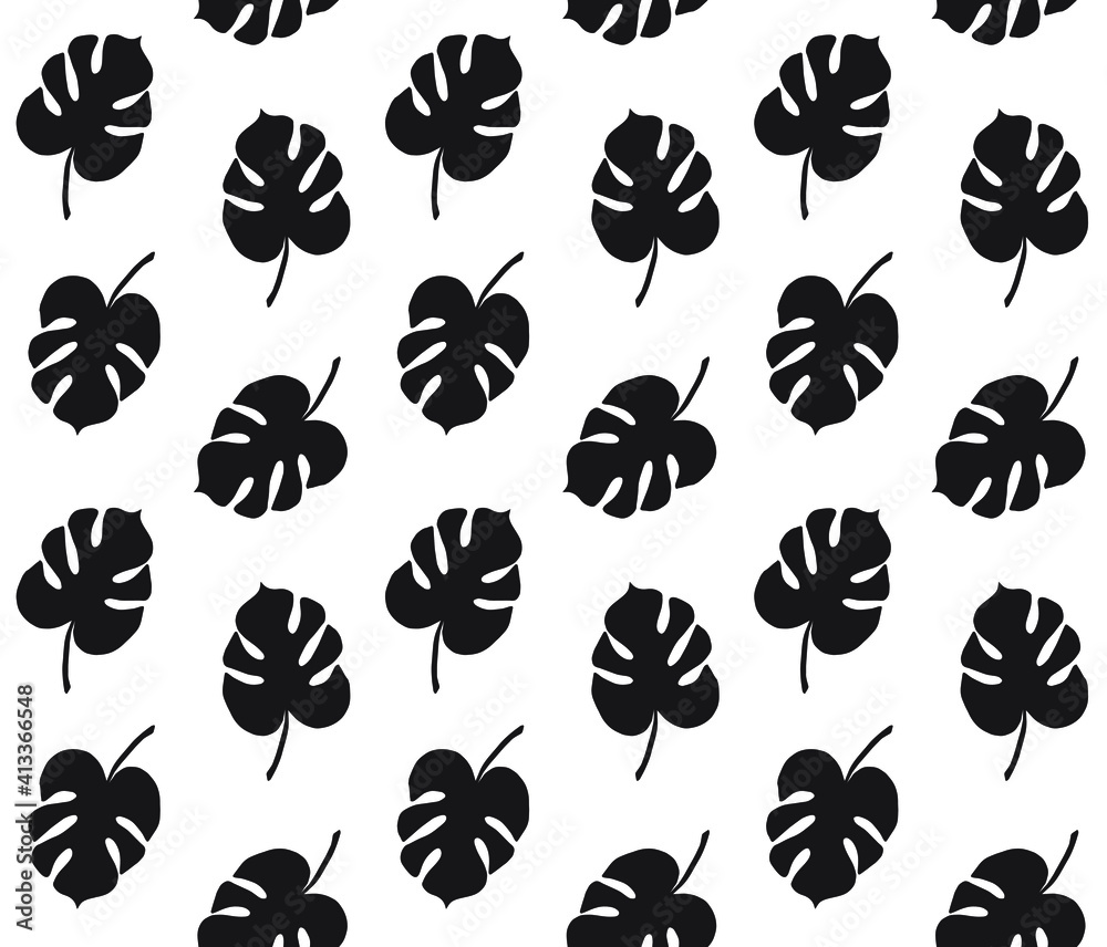 Vector seamless pattern of hand drawn monstera leaf silhouette isolated on white background