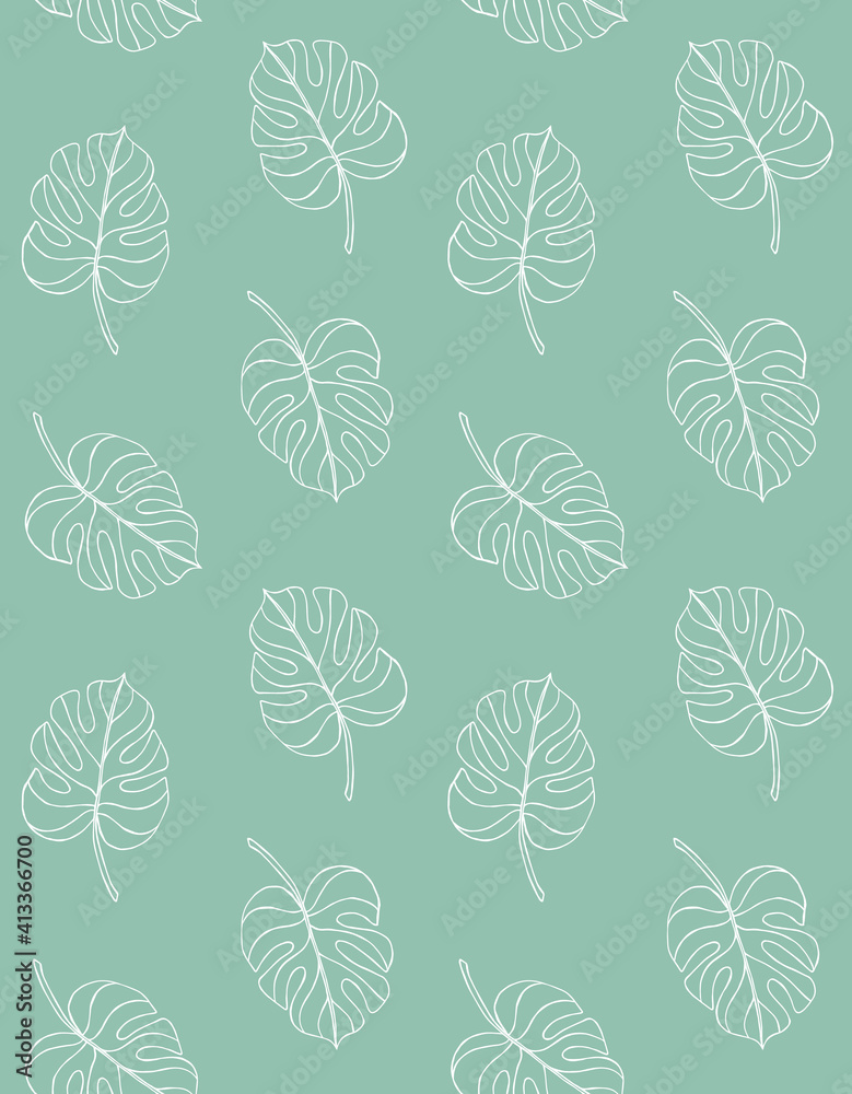 Vector seamless pattern of white hand drawn doodle sketch monstera leaf isolated on mint background