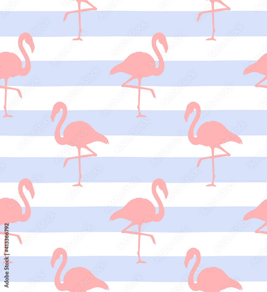Obraz premium Vector seamless pattern of pink flamingo silhouette isolated on blue strapped white background