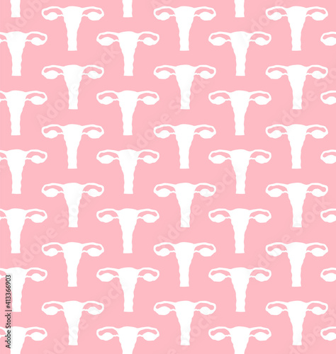 Vector seamless pattern of white hand drawn uterus silhouette isolated on pink background