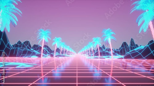 Retro futuristic animation. Camera moves forward palm tree alley. Mountains and hills above the road. Retro 80s style synthwave background