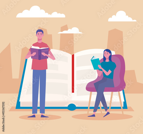 couple readers reading books standing and seated characters vector illustration design