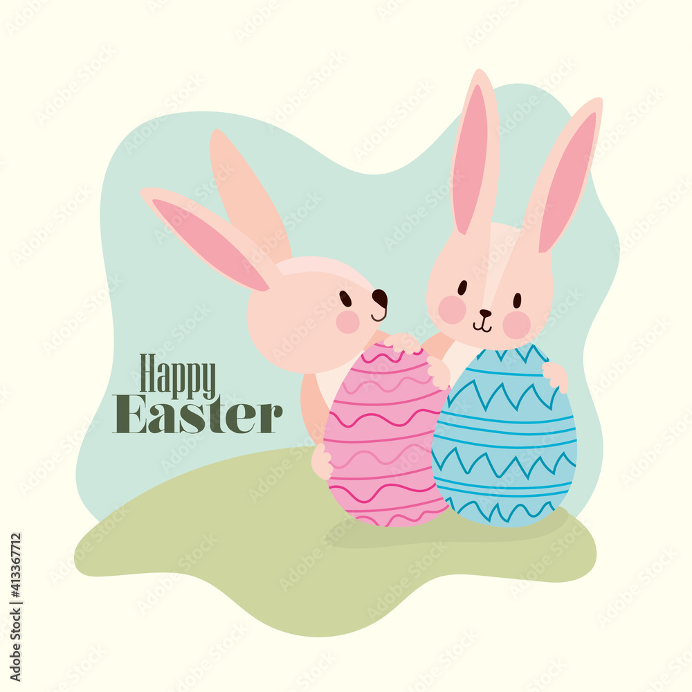 Fototapeta premium happy easter lettering and two pink rabbits with easter eggs