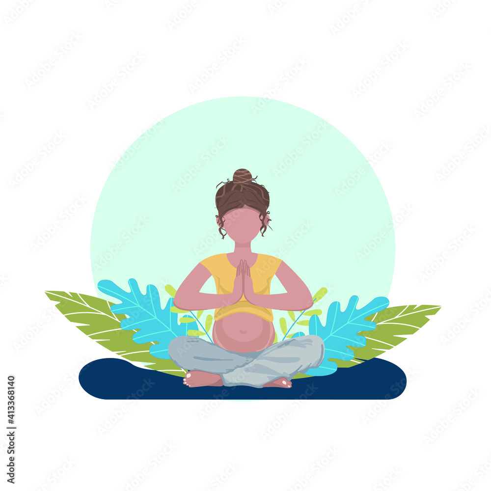 A pregnant young woman in a Yoga pose with green leaves on the background. A banner, poster for Medical, Pregnancy projects. A flat illustration. Vector.  EPS 10. 