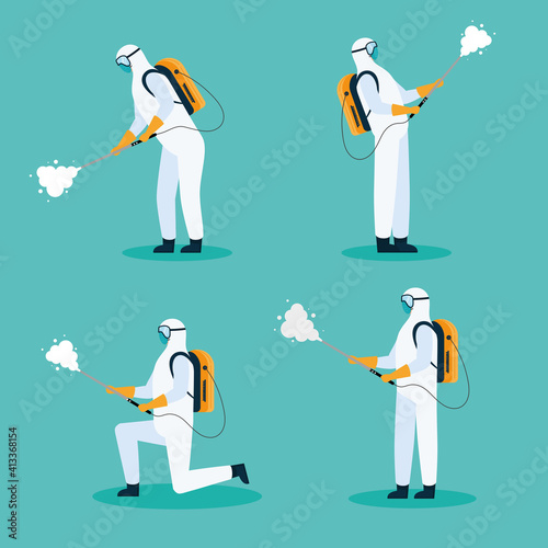 bundle of workers wearing biohazard suits characters vector illustration design