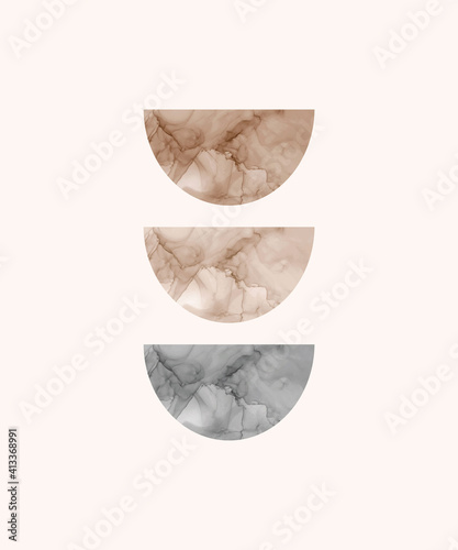 Boho wall art print with brown, nude and black alcohol ink shapes.